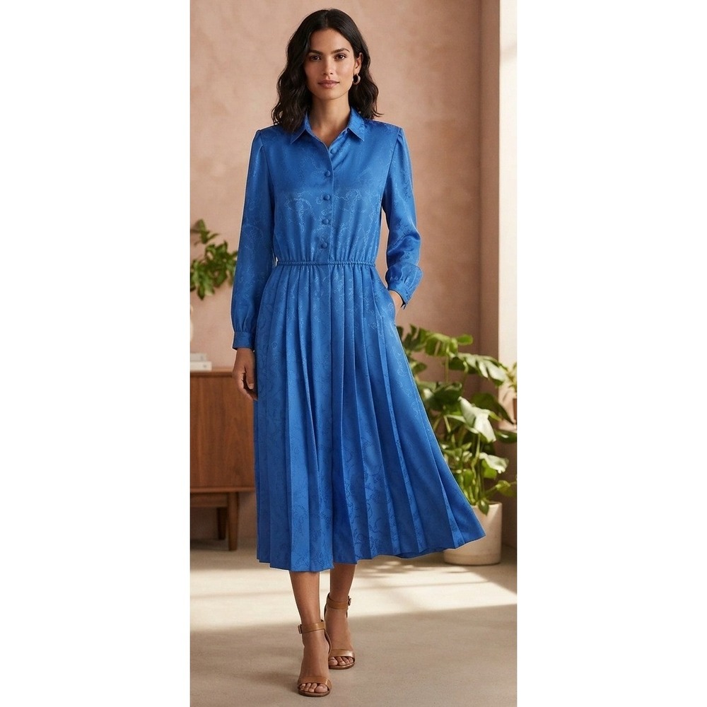 Vintage Appleseed's Pleated Midi Dress Nautical Chain Blue Sz 10 Modest 80s NWOT